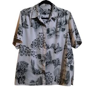 Alfred Dunner Button-Up Animal Novelty Print Shirt Gray White Size 14 Camp Top